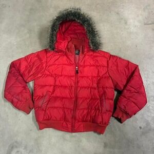 vintage polo sport puffer jacket with a removable fur hood, size Large
